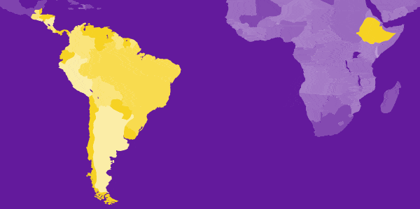 world map highlighting Central America, South America, and Ethiopia