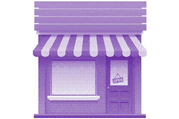 A storefront with a purple awning and an "open" sign, promoting the Shop-Local-Pattern.