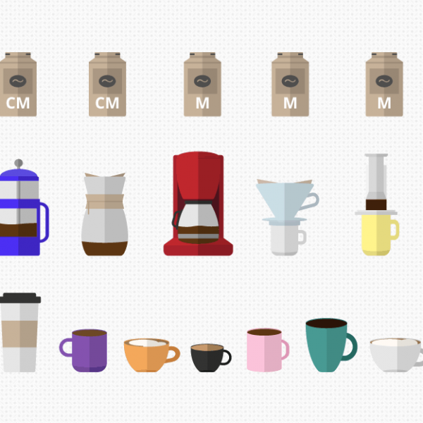 Various coffee makers and cups displayed in an illustration showcasing a range of options for brewing the perfect cup of coffee.