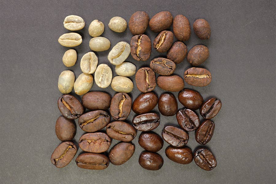 Grid of light and dark coffee beans at our Frisco coffee shop