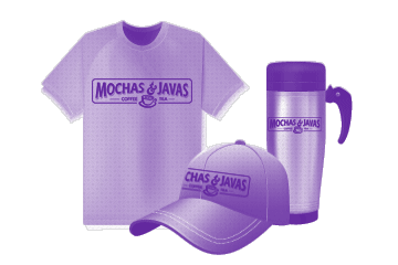 Illustration of a Mochas & Javas branded tee, baseball cap, and travel mug