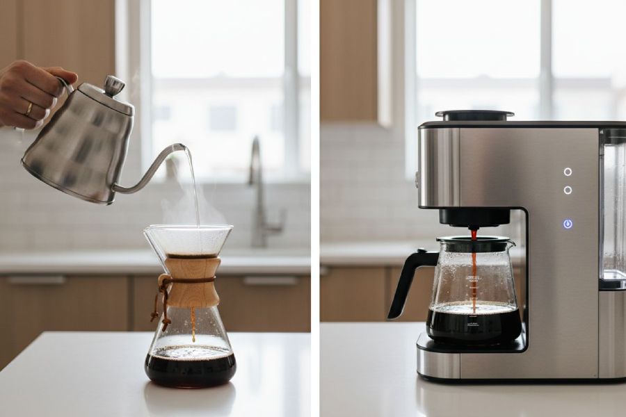 A side by side shot of a hand pouring coffee and a machine brewing drip coffee.