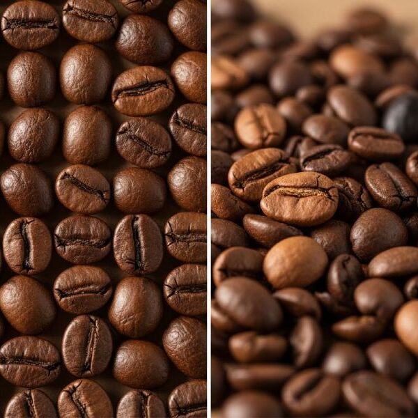 A side by side view of single origin coffee beans vs a blend of coffee beans.