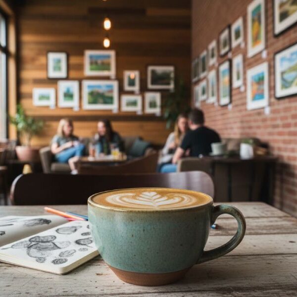A close up of a coffee mug with people and artwork in the background.