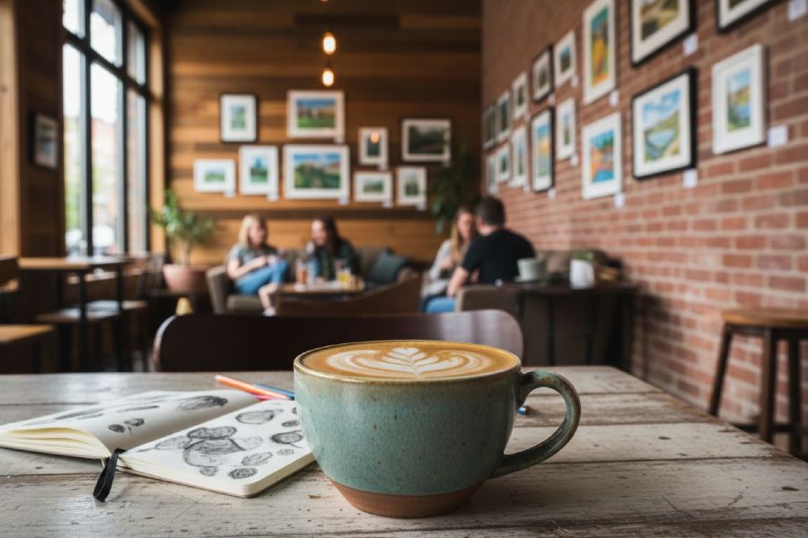 A close up of a coffee mug with people and artwork in the background.