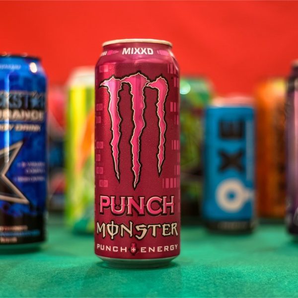 Colorful Energy Drink cans photographed close up