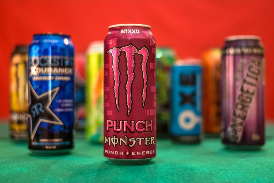 Colorful Energy Drink cans photographed close up