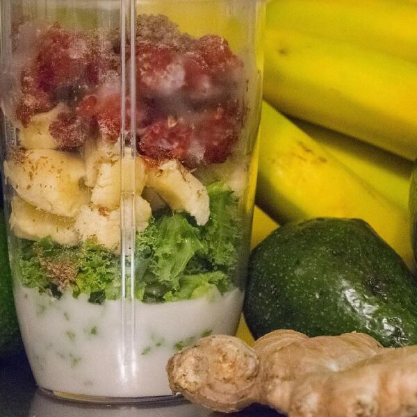 Close-up of a smoothie ready to be blended.