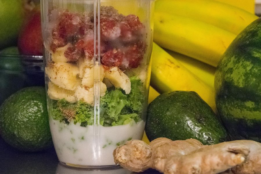 Close-up of a smoothie ready to be blended.