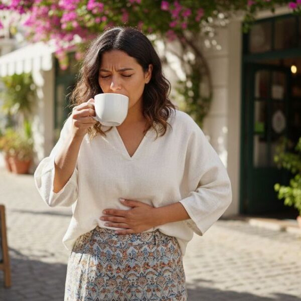 A woman drinking coffee while holding her stomach due to bloating.