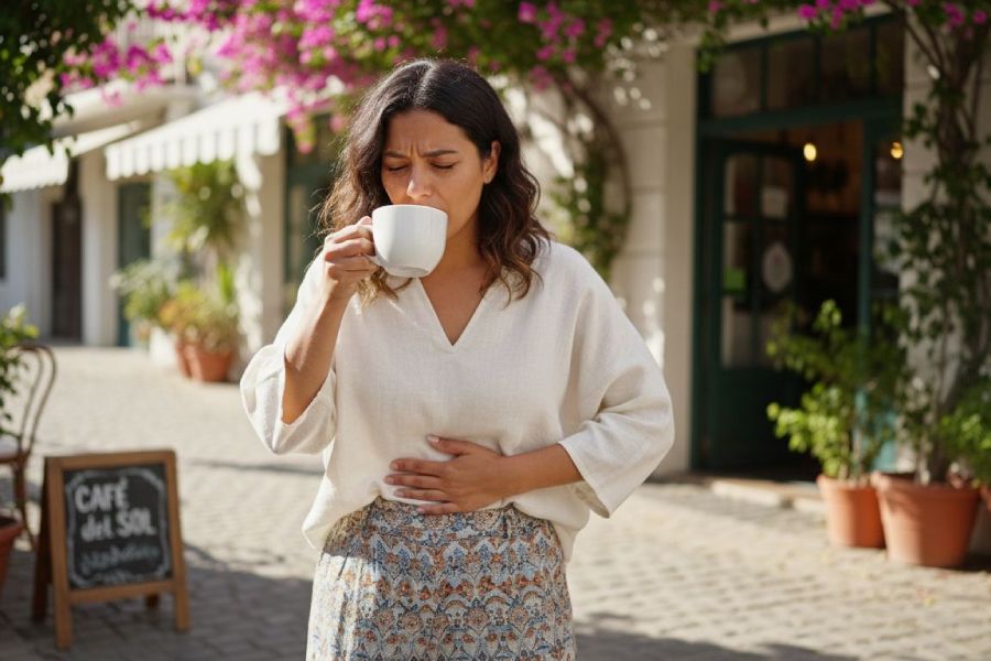 A woman drinking coffee while holding her stomach due to bloating.