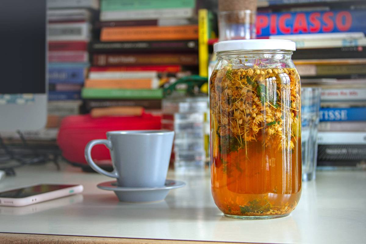 Jar of cold brewed herbal tea on a desk