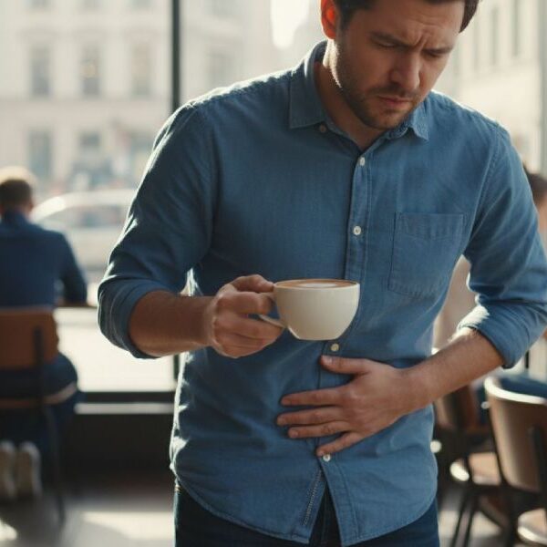 A man holding a coffee and holding his stomach due to discomfort.
