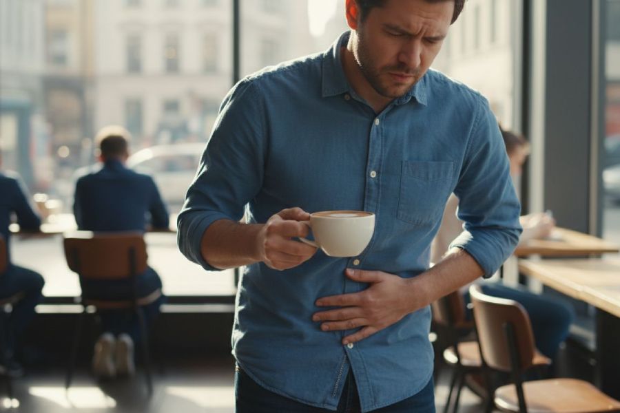 A man holding a coffee and holding his stomach due to discomfort.