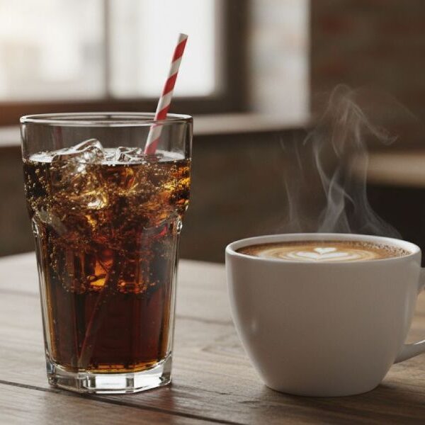 A coke next to a coffee on a table.