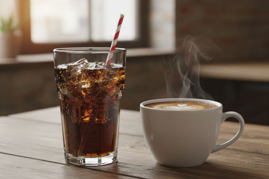 A coke next to a coffee on a table.