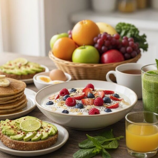 A healthy breakfast spread on a table.