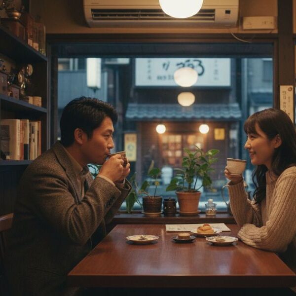 A man and woman enjoying drinks in a Japanese coffee shop.