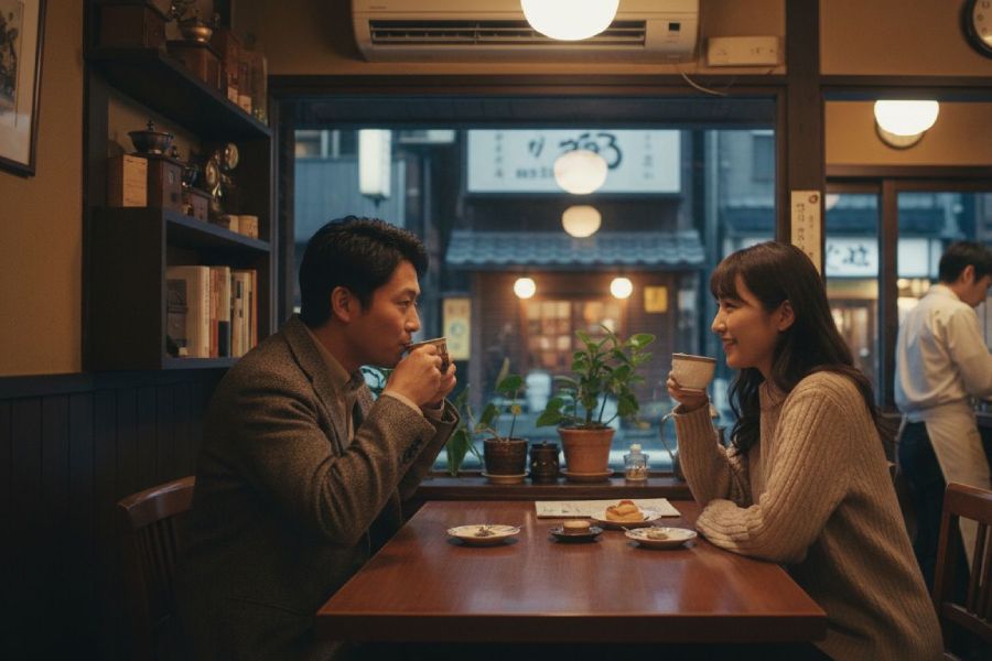 A man and woman enjoying drinks in a Japanese coffee shop.