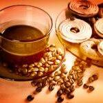 An image of a cup of coffee with a plate of sweet treats