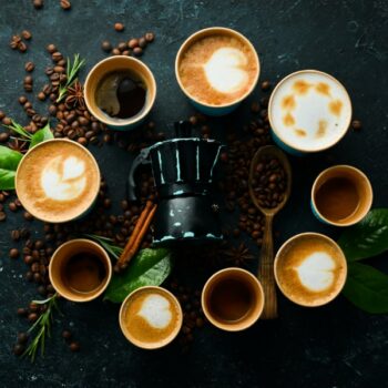 An image of diverse types of coffee recipes on several types of species bases
