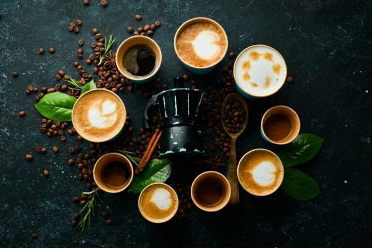 An image of diverse types of coffee recipes on several types of species bases