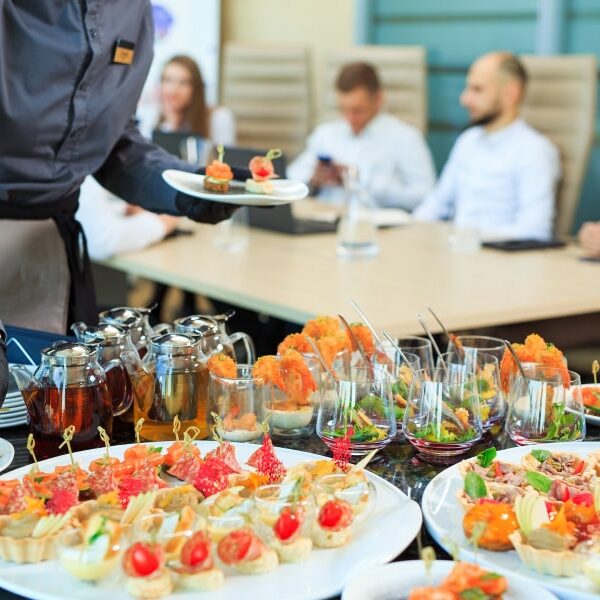 Captivating business conference setup with mouthwatering event catering in San Marcos