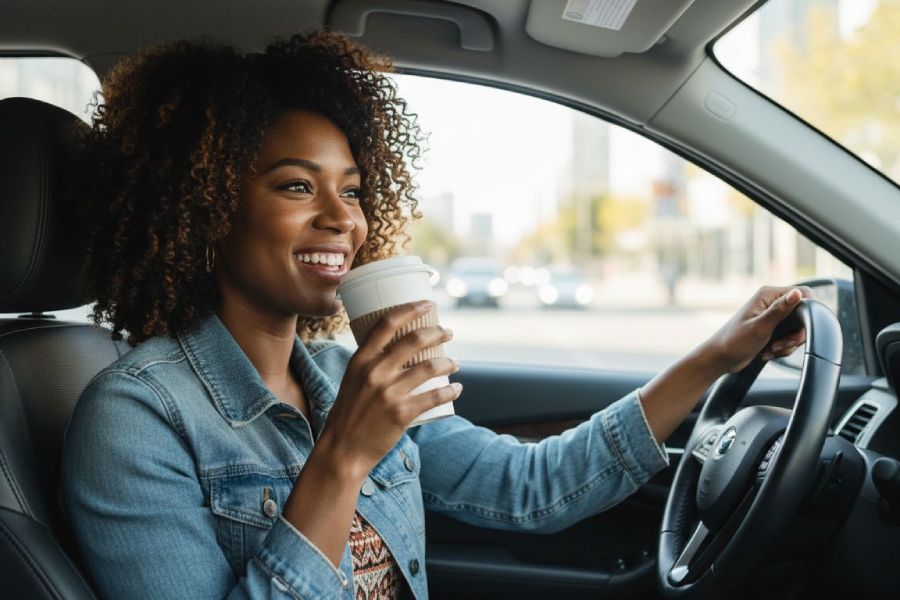 A woman smiling drinking coffee in her car.