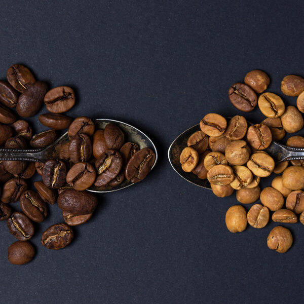 Two ornate silver spoons hold coffee beans: one spoon contains dark roasted beans, while the other features light roasted beans, both set against a dark background.