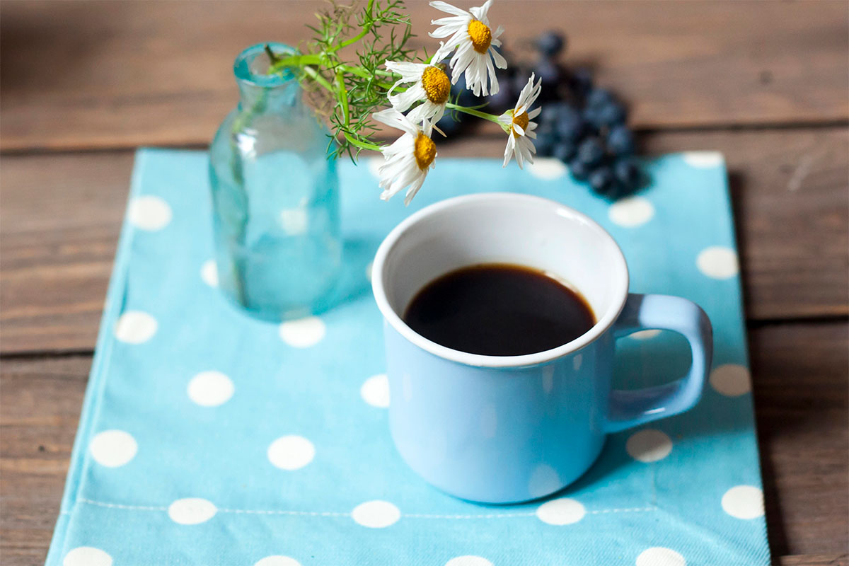 A light blue mug filled with black coffee sits on a polka-dotted blue napkin, accompanied by a small glass vase holding white daisies and green foliage, with some blueberries in the background.