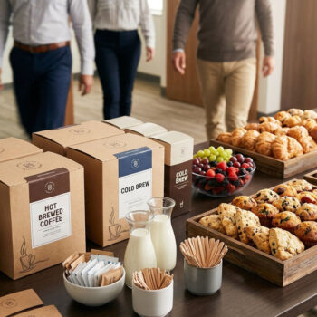 An insulated coffee dispenser with a "CRAFT COFFEE" label and a large tray of assorted pastries, including croissants and mini muffins, are arranged on a wooden catering table in a bright, modern conference room, ready to serve attendees who can be seen gathering in the blurred background.