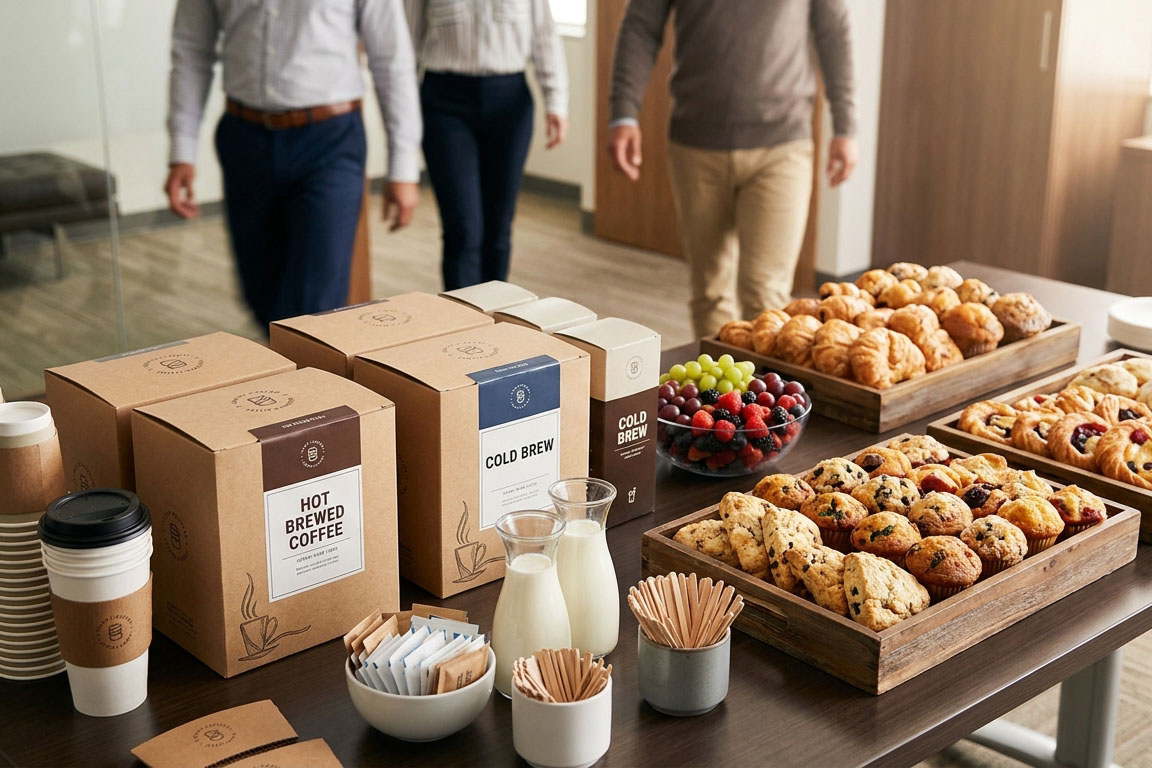 An insulated coffee dispenser with a "CRAFT COFFEE" label and a large tray of assorted pastries, including croissants and mini muffins, are arranged on a wooden catering table in a bright, modern conference room, ready to serve attendees who can be seen gathering in the blurred background.